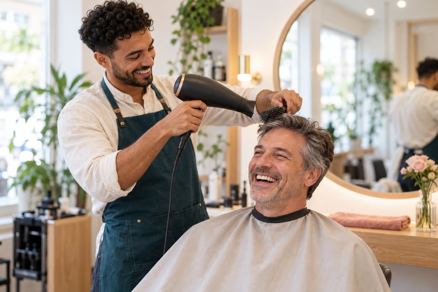 Coiffeur föhnt einem lachenden Kunden die Haare